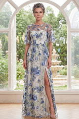 Tulle Blue Flower Round Neck Long Mother Of the Bride Dress with Slit