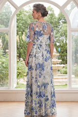 Tulle Blue Flower Round Neck Long Mother Of the Bride Dress with Slit