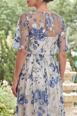 Tulle Blue Flower Round Neck Long Mother Of the Bride Dress with Slit