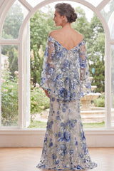 Blue Flower Off the Shoulder Long Mother Of the Bride Dress with Slit