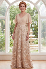 A-Line Champagne V-Neck Floral Long Mother Of the Bride Dress with Flutter Sleeves