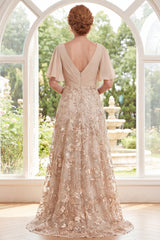 A-Line Champagne V-Neck Floral Long Mother Of the Bride Dress with Flutter Sleeves