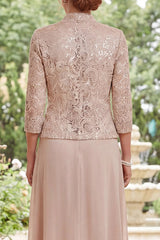 Champagne A-Line Floral Long Mother Of the Bride Dress with 3/4 Sleeves