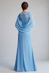 Blue V-Neck Sheath Chiffon Ruffled Mother of the Bride Dress with Cape Sleeves