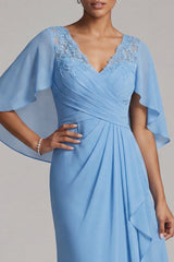 Blue V-Neck Sheath Chiffon Ruffled Mother of the Bride Dress with Cape Sleeves