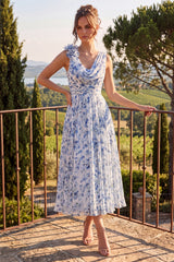 A Line Blue Floral Cowl Neck Mother of the Bride Dress with 3D Flowers