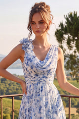 A Line Blue Floral Cowl Neck Mother of the Bride Dress with 3D Flowers