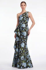 Pink Flower Mermaid One Shoulder Jacquard Long Mother Of the Bride Dress with Ruffles