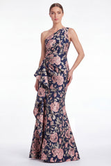 Pink Flower Mermaid One Shoulder Jacquard Long Mother Of the Bride Dress with Ruffles