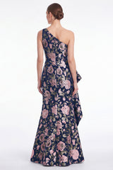 Pink Flower Mermaid One Shoulder Jacquard Long Mother Of the Bride Dress with Ruffles
