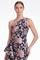 Pink Flower Mermaid One Shoulder Jacquard Long Mother Of the Bride Dress with Ruffles