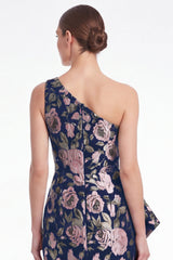 Pink Flower Mermaid One Shoulder Jacquard Long Mother Of the Bride Dress with Ruffles